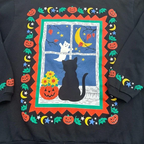 RARE Spumoni Black Cat Ghost Double Sided Novelty Halloween Sweatshirt 2XL Sweatshirts & Hoodies